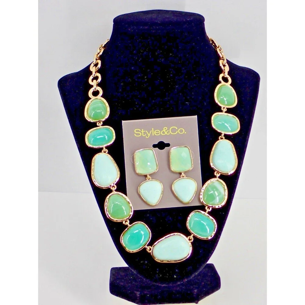 Style & Co. Gold-Tone Green Stone Statement Necklace & Matching Earring Set NWT